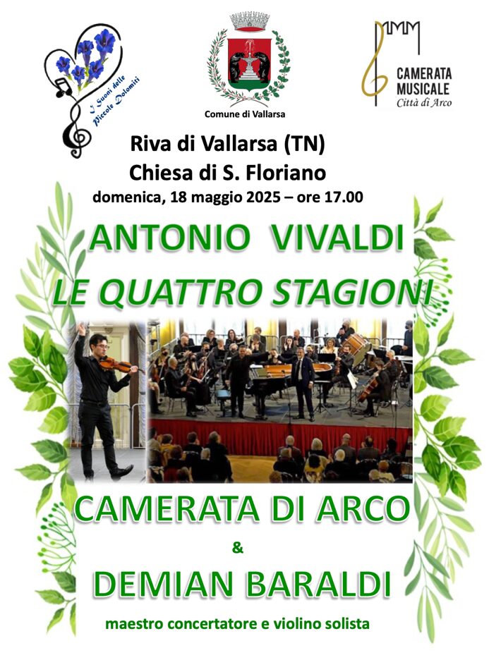 Mehr über den Artikel erfahren LE QUATTRO STAGIONI DI VIVALDI con CAMERATA MUSICALE “CITTÀ DI ARCO” – DEMIAN BARALDI, violino solista e direttore